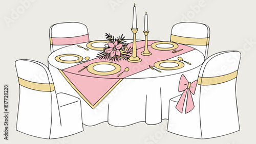 Elegant round dining table setting with floral centerpiece design