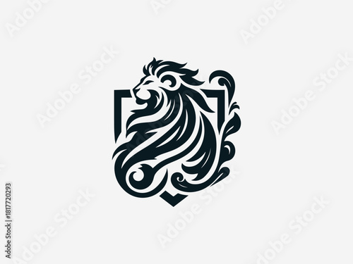 Royal crest lion black vector logo with detailed mane and heraldic shield for luxury brand identity