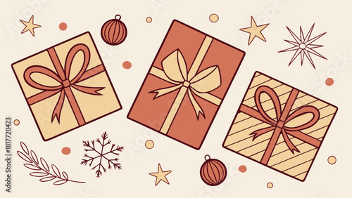 Elegant festive gift boxes and seasonal decorations illustration