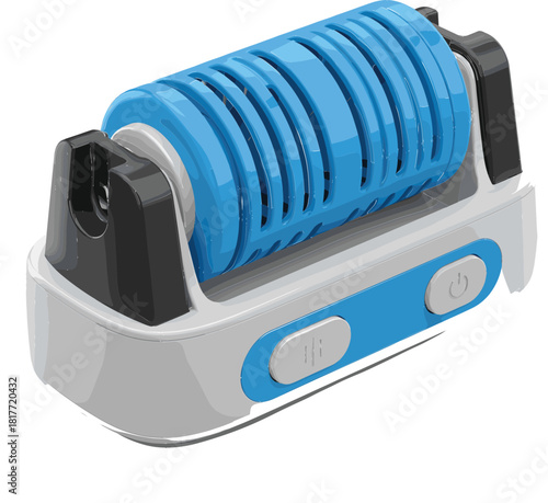 Modern Compact Air Purifier Filter Cartridge System Vector Illustration, Featuring Bright Blue Cylinder and Power Buttons on a White Background for Technology Concepts.