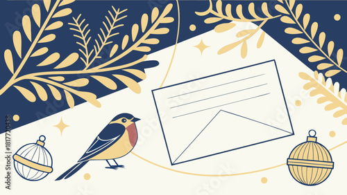 Festive winter greeting card design with bird and message art