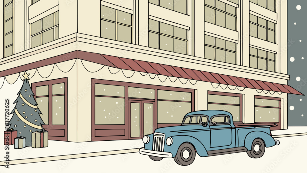 Fototapeta premium Vintage truck, christmas tree, snowy city street illustration