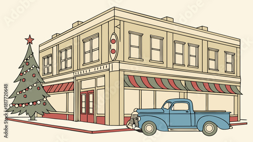 Festive vintage town corner with classic truck and decorated tree