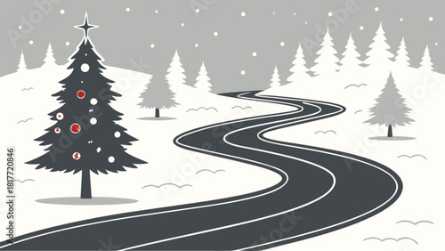 Christmas tree and winding road in snowy winter forest landscape