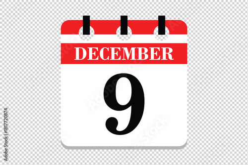 9 December Calendar icon vector, 9 dates of December month calendar icon, dates of December 9 icon calendar, vector calendar icon.