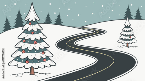 Winding winter road illustration with decorated christmas trees