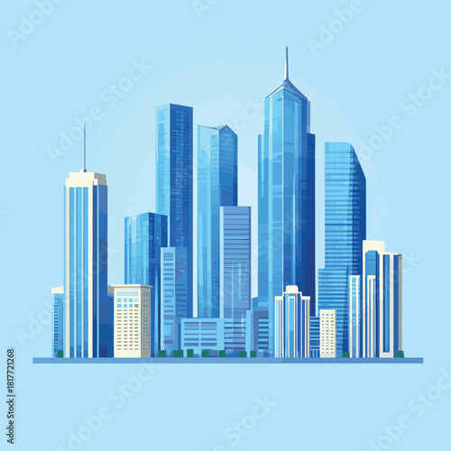Modern City Skyline Vector Illustration with Tall Blue Glass Buildings , vector style simple color