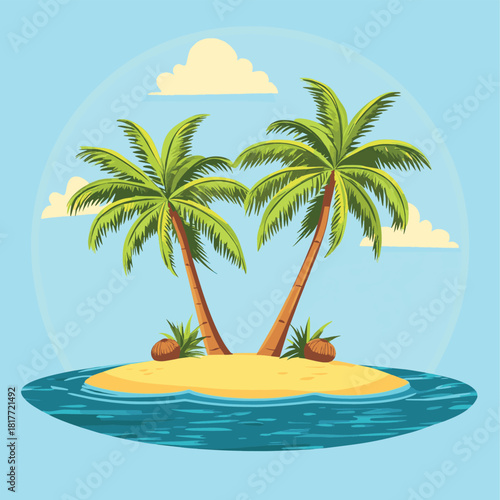 Tropical island with two palm trees and coconuts surrounded by blue water  , vector style simple color