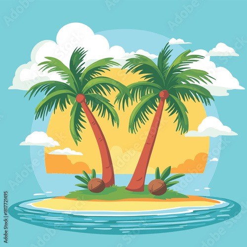Tropical island with two palm trees and coconuts surrounded by blue water  , vector style simple color