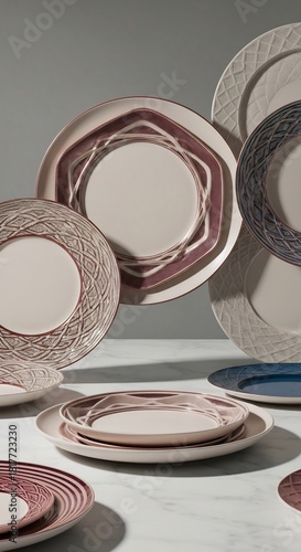 Assortment of patterned and smooth plates in muted pink cream blue and grey arranged on white marble against a grey wall