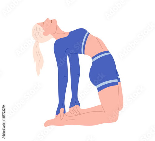 Woman practicing yoga and Pilates exercise cartoon illustration. Young girl in relaxed pose stretching, balance relaxation. Healthy lifestyle fitness, wellness meditation concept in flat graphic style