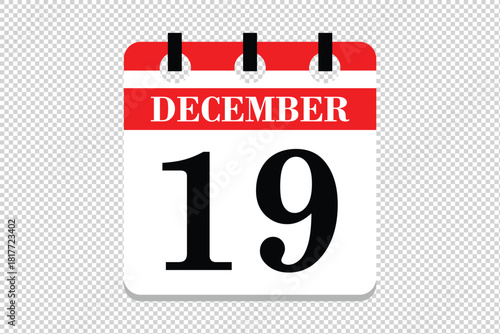 19 December Calendar icon vector, 19 dates of December month calendar icon, dates of December 19 icon calendar, vector calendar icon.