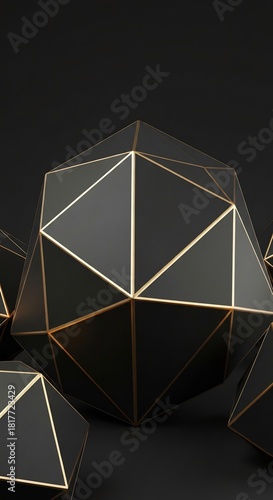 Black geometric polyhedron with glowing gold edges on a dark minimalist background