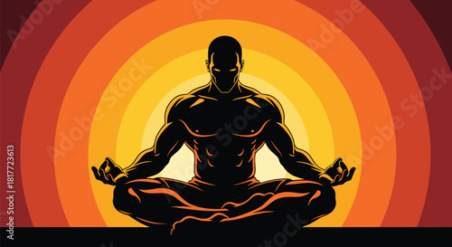 Meditating figure in silhouette against radiant sunset background.
