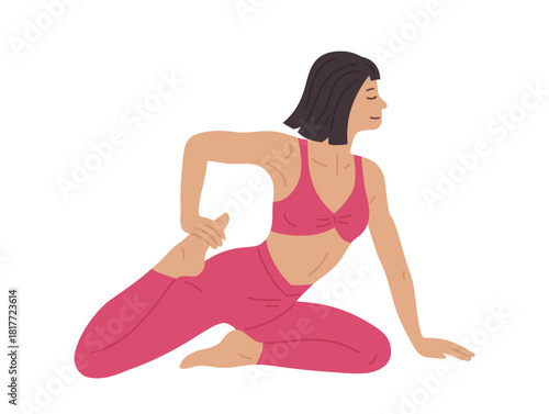 Woman practicing yoga and Pilates exercise cartoon illustration. Young girl leg muscle stretching relaxed pose. Healthy lifestyle fitness, wellness fitness woman meditation concept flat graphic style