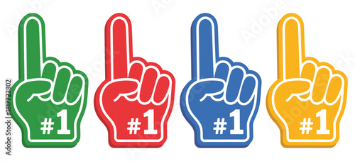 Foam Hand Fan Glove Vector – Number One Finger, Hashtag 1 Support Sign, Colorful Sports Cheering Icons, Team Spirit Symbols Isolated on White Background
