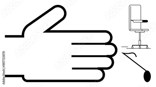 Outlined hand gesture beside an office chair with adjustable lever. Ideal for concepts thumbs up simplicity, office ergonomics, decision-making, interaction, design, functionality, and minimalism. A