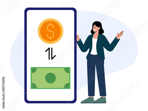 Woman is exchanging money. Saving vector illustration. Flat illustration concept.
