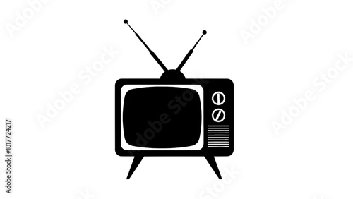 Vector illustration of black and white silhouette icon of a vintage television set with rabbit ear antenna isolated on transparent background 