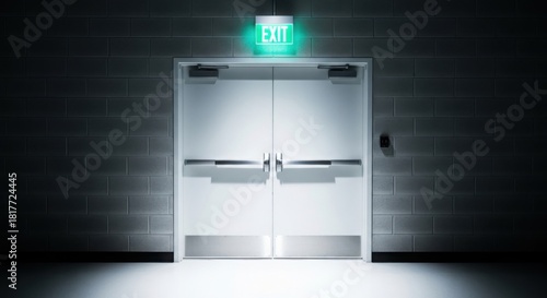Bright green illuminated emergency exit sign above double panic bar doors