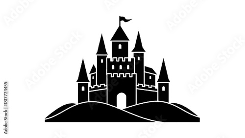 Vector illustration of black silhouette of a fairytale castle with multiple towers and a flag isolated on transparent background 