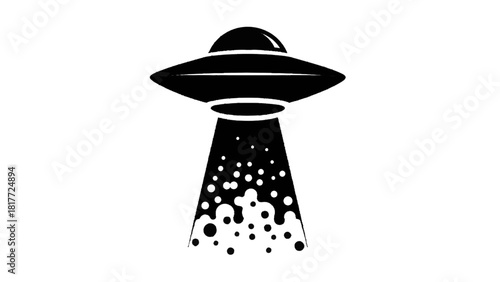 Vector illustration of black and white graphic icon of a flying saucer ufo abducting something with a beam of light isolated on transparent background 