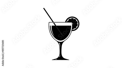 Vector illustration of black and white minimalist icon of a cocktail drink in a stemmed glass with a straw and citrus slice, isolated on transparent background 