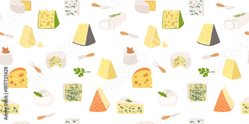 Cheese seamless pattern cartoon illustration. Brie, Camembert Swiss cheese with holes Parmesan trendy boundless background. Vector endless design paper print, fabric textile, wrapper backdrop template