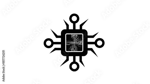 Vector illustration of black and white icon representing a central processing unit or microchip isolated on transparent background 