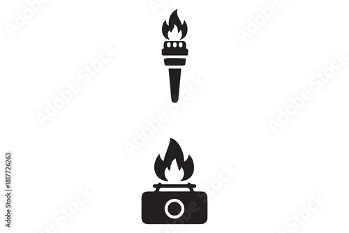 Two black silhouette icons representing a burning torch and a gas stove burner with flames isolated on white background