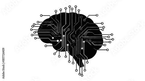 Vector illustration of silhouette of a human brain with integrated circuit pattern inside, isolated on transparent background 