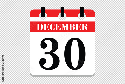30 December Calendar icon vector, 30 dates of December month calendar icon, dates of December 30 icon calendar, vector calendar icon.