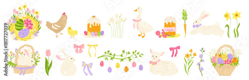 Easter elements set hand drawn illustration. Easter eggs, basket of eggs cakes, rabbit, chicken, goose, lamb and flowers. Easter holiday scene cheerful and festive. Cartoon textured childish vector