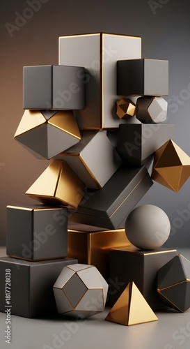 Stacked geometric shapes in grey black white and gold on a gradient background