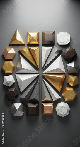 Symmetrical arrangement of various geometric shapes in gold wood marble and metal on a dark grey surface