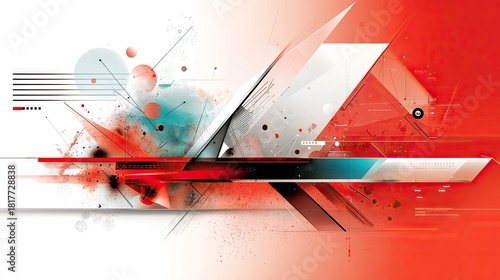 An abstract digital artwork featuring sharp geometric shapes, lines, and splatters in shades of red, white, and teal, suggesting a futuristic or technological t