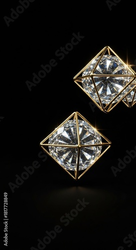 Two sparkling faceted diamonds encased in intricate golden geometric cages float against a deep black background
