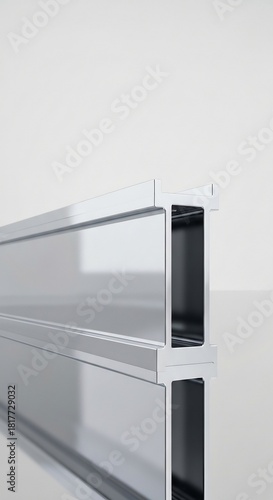 Two stacked polished metal Ibeam profiles reflective with grooves against a light backdrop
