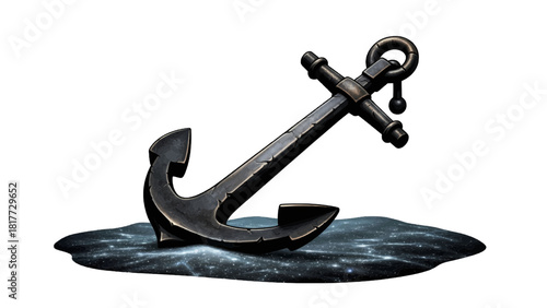 Vector illustration of a dark, antique ship anchor resting on a small patch of dark, stylized water isolated on transparent background 