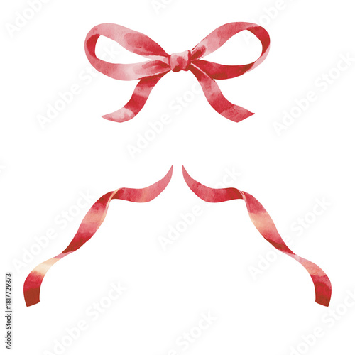 red ribbon bow watercolor clipart. Ideal for creating feminine, kids, baby showers, and aesthetic stationery, card, seasonal decoration, Christmas card and more.