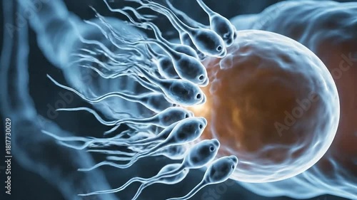 Microscopic view of numerous sperm cells swimming towards a large human ovum in a scientific research laboratory with blue and orange lighting depicting fertilization