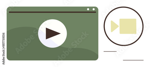 Video player window with a large play button and a camera icon highlighting media interaction. Ideal for streaming, video production, digital media, virtual learning, online videos, tutorials, simple