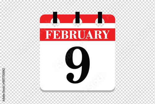 9 February Calendar icon vector, 9 dates of February month calendar icon, dates of February 9 icon calendar, vector calendar icon.