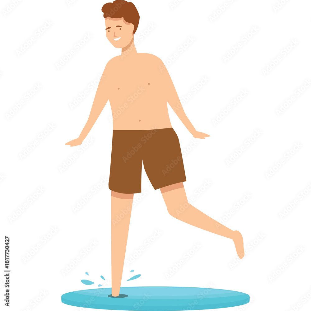 Fototapeta premium Smiling Young Man Wearing Brown Swim Trunks Jogging Through Blue Water With Splash Effects Isolated On White Background Animated Style