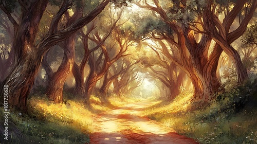digitally painted sunlit forest path winds through majestic trees forming a golden archway, evoking a magical and tranquil atmosphere. Perfect for serene nature or fantasy designs