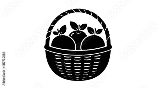 Vector illustration of black and white silhouette icon of a woven basket filled with three ripe apples with leaves, isolated on transparent background