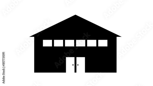 Vector illustration of simple black silhouette icon of a modern warehouse or industrial building with a pitched roof isolated on transparent background 