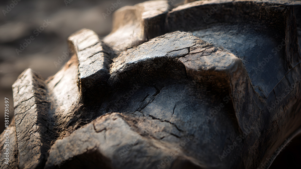 Fototapeta premium Tire's Textured Terrain: A close-up view of a rugged tire showcases the intricate details of its treads, capturing the essence of strength and durability.