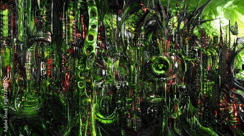 A highly detailed, abstract, and surreal cityscape featuring organic, flowing structures intertwined with intricate mechanical components. Dominant colors are d