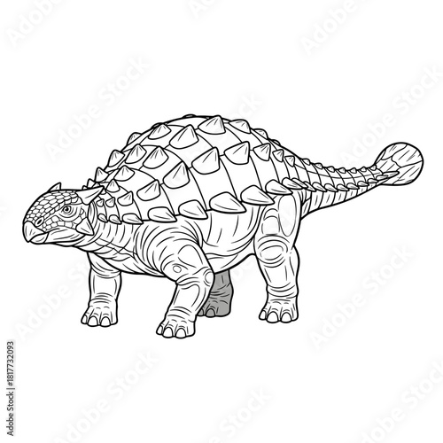 Black and white line art illustration of an armored Ankylosaurus dinosaur with a spiked back.